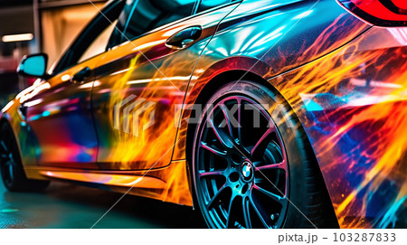 Fragment of the airbrush on the side of the car, drawing on the surface of the car, close up, to advertise auto service stations, auto racing, generated AI Fragment of the airbrush on the side of the car, drawing on the surface of the car, close up, to advertise auto service stations, auto racing, generated AI 103287833