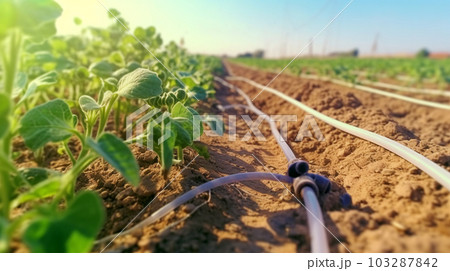 Watering plants and vegetables in the field, drip irrigation, close-up, Generated AI 103287842