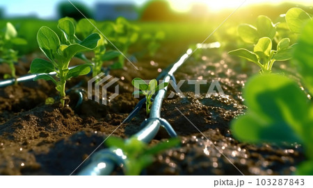 Watering plants and vegetables in the field, drip irrigation, close-up, Generated AI 103287843