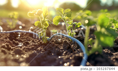 Watering plants and vegetables in the field, drip irrigation, close-up, Generated AI 103287844