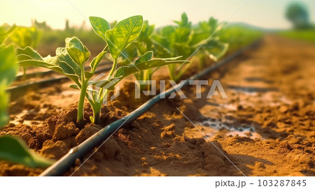 Watering plants and vegetables in the field, drip irrigation, close-up, Generated AI Watering plants and vegetables in the field, drip irrigation, close-up, Generated AI 103287845