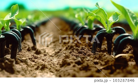 Watering plants and vegetables in the field, drip irrigation, close-up, Generated AI Watering plants and vegetables in the field, drip irrigation, close-up, Generated AI 103287846