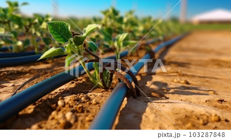 Watering plants and vegetables in the field, drip irrigation, close-up, Generated AI 103287848