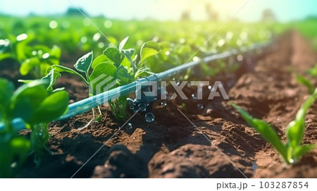 Watering plants and vegetables in the field, drip irrigation, close-up, Generated AI Watering plants and vegetables in the field, drip irrigation, close-up, Generated AI 103287854