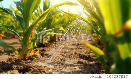 Watering plants and vegetables in the field, drip irrigation, close-up, Generated AI 103287857