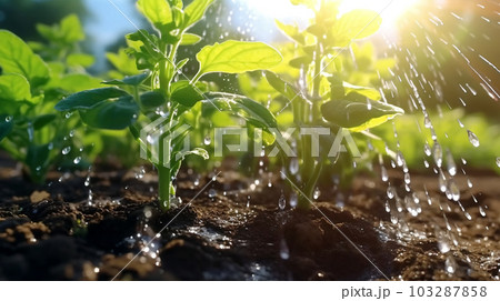 Watering plants and vegetables in the field, drip irrigation, close-up, Generated AI 103287858