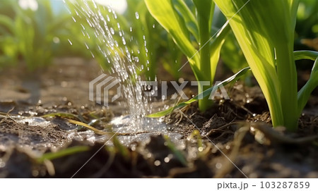 Watering plants and vegetables in the field, drip irrigation, close-up, Generated AI 103287859