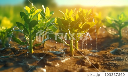 Watering plants and vegetables in the field, drip irrigation, close-up, Generated AI 103287860