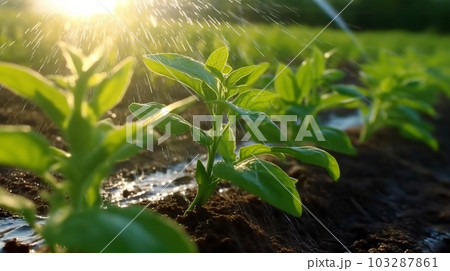 Watering plants and vegetables in the field, drip irrigation, close-up, Generated AI 103287861