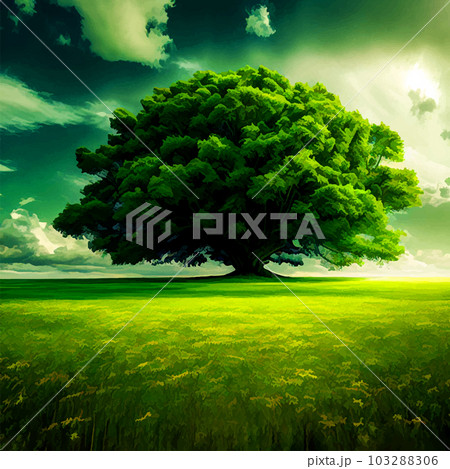 Lonely tree in the field. Vector illustration Wildlife background template 103288306
