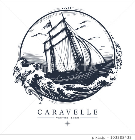 Caravelle on the water Logo vintage emblem. Old retro vector illustration marine navy icon. Caravelle on the water Logo vintage emblem. Old retro vector illustration marine navy icon. 103288432