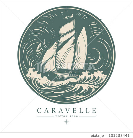 Caravelle on the water Logo vintage emblem. Old retro vector illustration marine navy icon. 103288441