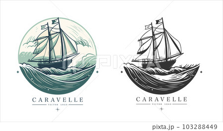 Caravelle on the water Logo vintage emblem. Old retro vector illustration marine navy icon. 103288449