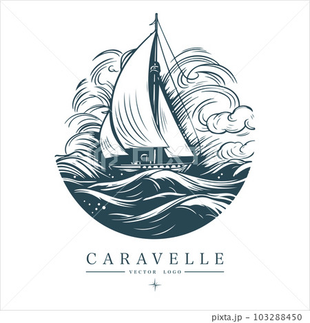 Caravelle on the water Logo vintage emblem. Old retro vector illustration marine navy icon. 103288450