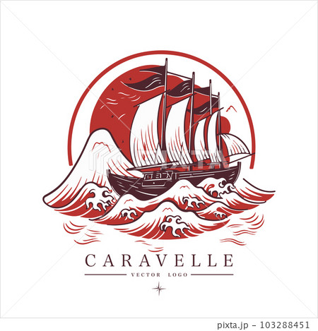 Sailing boat, caravelle, frigate on the water, vector logo emblem in asian style 103288451