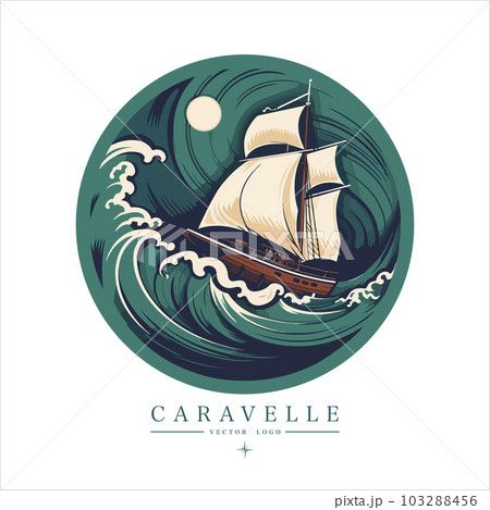 Sailing boat on the water, vector logo, colored caravelle emblem Sailing boat on the water, vector logo, colored caravelle emblem 103288456
