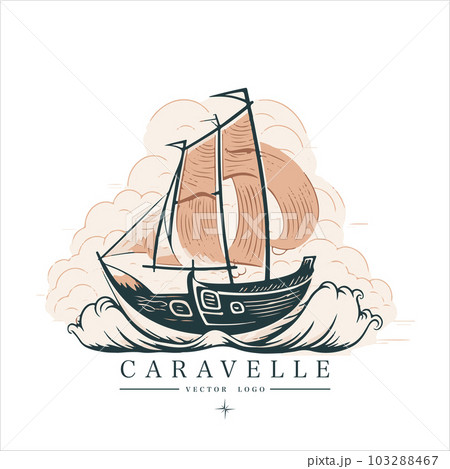 Sailing boat, caravelle, frigate on the water, vector logo emblem in asian style Sailing boat, caravelle, frigate on the water, vector logo emblem in asian style 103288467