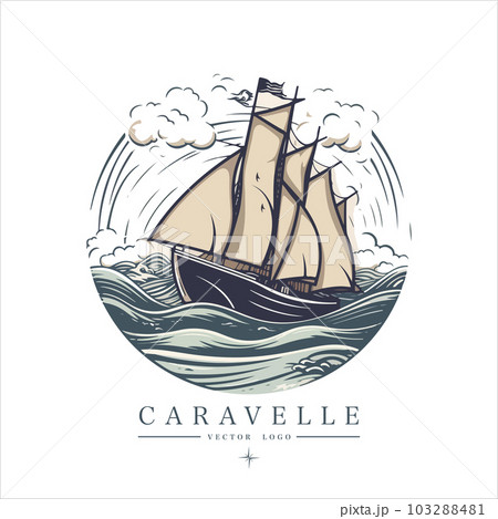 Caravelle on the water Logo vintage emblem. Old retro vector illustration marine navy icon. 103288481