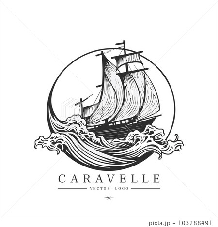 Sailing boat, caravelle, frigate on the water, vector logo emblem in asian style Sailing boat, caravelle, frigate on the water, vector logo emblem in asian style 103288491