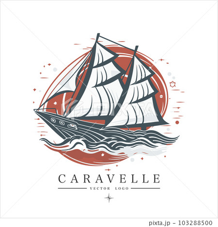 Sailing boat, caravelle, frigate on the water, vector logo emblem in asian style 103288500