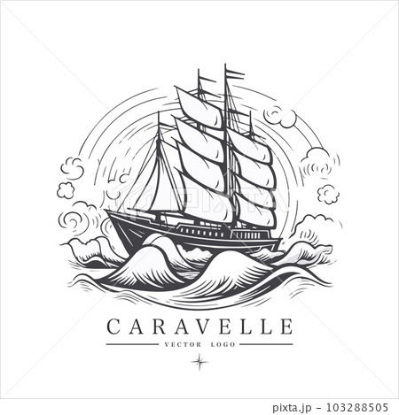 Sailing boat, caravelle, frigate on the water, vector logo emblem in asian style 103288505