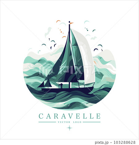 Sailing boat on the water, vector logo, colored caravelle emblem Sailing boat on the water, vector logo, colored caravelle emblem 103288628