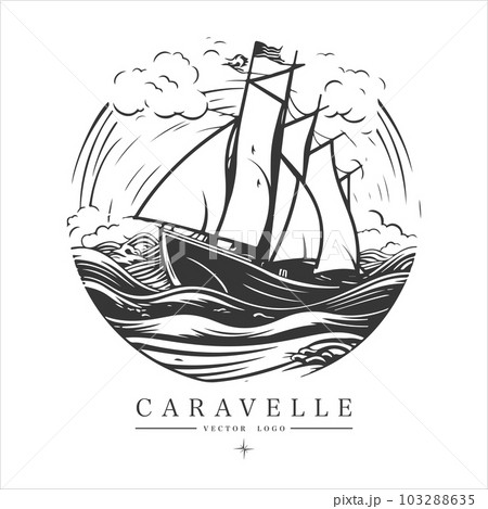 Caravelle on the water Logo vintage emblem. Old retro vector illustration marine navy icon. 103288635