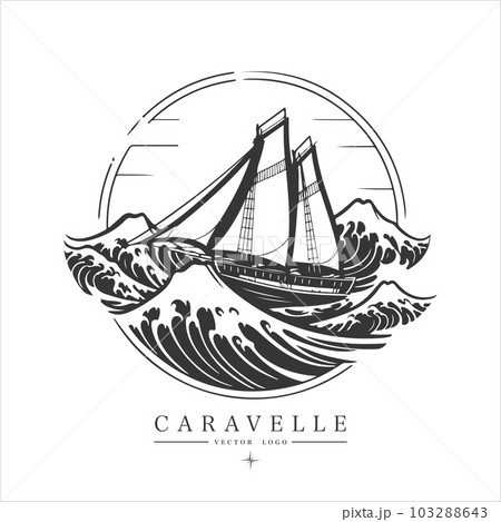 Sailing boat, caravelle, frigate on the water, vector logo emblem in asian style 103288643