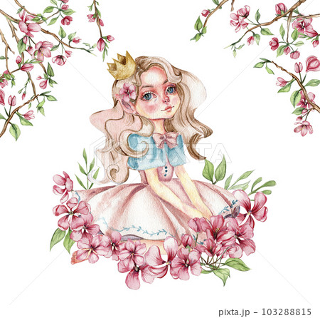 Composition of flower fairy, little princess dressed in pink with flower illustration. Watercolor illustration for greeting card, posters, stickers, packaging. Composition of flower fairy, little princess dressed in pink with flower illustration. Watercolor illustration for greeting card, posters, stickers, packaging. 103288815