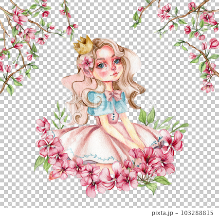 Composition of flower fairy, little princess dressed in pink with flower illustration. Watercolor illustration for greeting card, posters, stickers, packaging. Composition of flower fairy, little princess dressed in pink with flower illustration. Watercolor illustration for greeting card, posters, stickers, packaging. 103288815