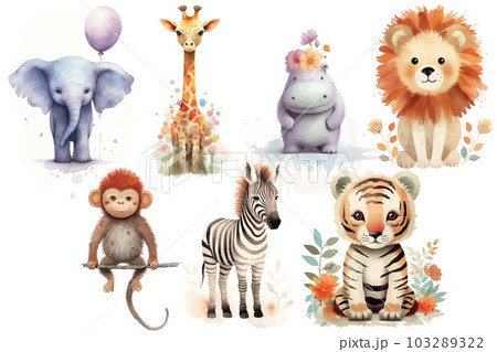 Watercolor set of Cute Baby hippo, lion, giraffe, elephant, zebra, monkey, tiger, Safari Animals. Cartoon animal for decoration design. Cute animals vector set. Hand-drawn watercolor illustration 103289322