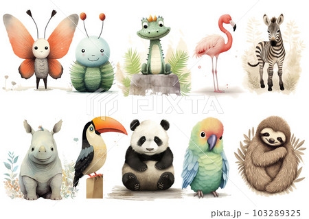 Watercolor set of Cute Baby sloth, flamingo, zebra, panda, rhino, toucan, butterfly, parrot, crocodile, caterpillar Safari Animals. Cartoon animal for decoration design. Cute animals vector set. Hand 103289325