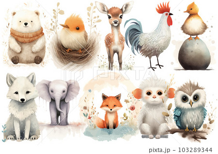 Watercolor set of Cute Baby bird, bear, elephant, duck, wolf, rooster, fox, monkey, owl, deer Safari Animals. Cartoon animal for decoration design. Cute animals vector set. Hand-drawn watercolor 103289344
