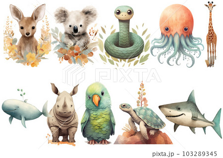 Watercolor set of Cute Baby turtle, snake, octopus, parrot, koala, kangaroo, giraffe, shark, rhinoceros, whale Safari Animals. Cartoon animal for decoration design. Cute animals vector set. Hand-drawn 103289345