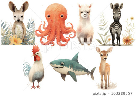 Watercolor set of Cute Baby deer, zebra, shark, rooster, octopus, kangaroo, lama, zebra Safari Animals. Cartoon animal for decoration design. Cute animals vector set. Hand-drawn watercolor 103289357