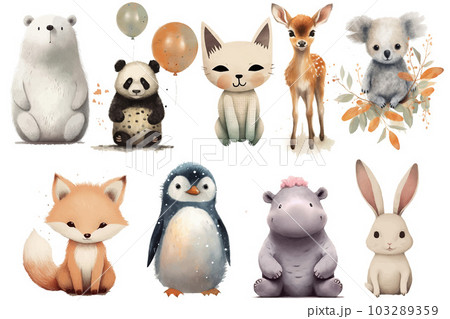 Watercolor set of Cute Baby cat, bear, deer, fox, rabbit, penguin, koala, panda, hippo Safari Animals. Cartoon animal for decoration design. Cute animals vector set. Hand-drawn watercolor illustration 103289359