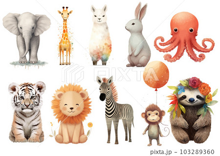 Watercolor set of Cute Baby elephant, zebra, octopus, tiger, monkey, lama, rabbit, sloth, lion, giraffe Safari Animals. Cartoon animal for decoration design. Cute animals vector set. Hand-drawn Watercolor set of Cute Baby elephant, zebra, octopus, tiger, monkey, lama, rabbit, sloth, lion, giraffe Safari Animals. Cartoon animal for decoration design. Cute animals vector set. Hand-drawn 103289360