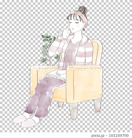 A woman wearing loungewear relaxing on a sofa A woman wearing loungewear relaxing on a sofa 103289700