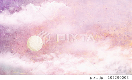 月夜に雲の和風背景イラスト・箔入り和紙テクスチャの空にパールホワイトの満月ラベンダー系 103290008