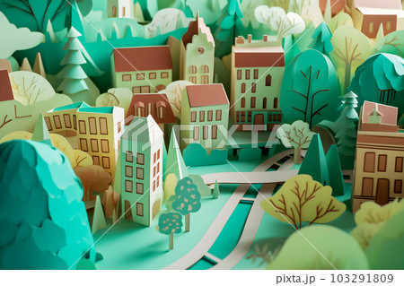 Top view of Town in forest, 3D paper cut style, ecology concept, generative ai Top view of Town in forest, 3D paper cut style, ecology concept, generative ai 103291809