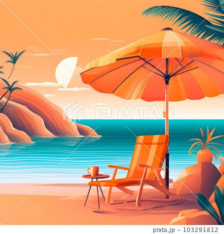 Sea Beach with umbrella in flat style, summer vacation concept, generative ai 103291812
