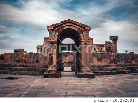 View of ancient doorway in Zvartnos temple in Armenia concept photo. 103292001