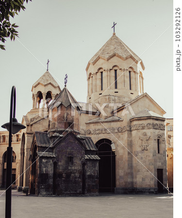 Ancient church with spires cityscape concept photo. Beautiful urban scenery 103292126
