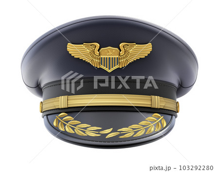 Front view of civil pilot hat with the badge isolated on white background 103292280