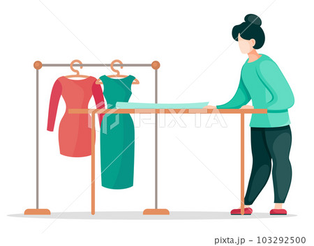 Sewing workshop, custom clothing. Fashion designer is making a model. Fashion house, textile factory Sewing workshop, custom clothing. Fashion designer is making a model. Fashion house, textile factory 103292500
