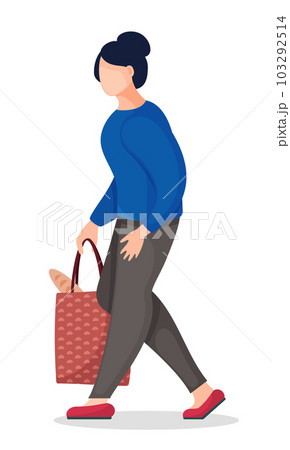 Cartoon faceless character, woman bring bag with baguette or bread from shop, food purchase 103292514