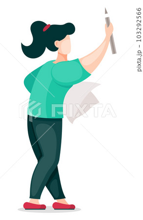 Vector cartoon character, woman with pencil and paper, artist or designer with equipment at white Vector cartoon character, woman with pencil and paper, artist or designer with equipment at white 103292566