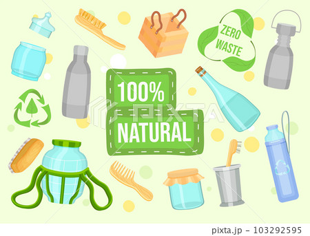 Zero waste eco conception, use glass, recycling logo, reusable and durable products, no plastic Zero waste eco conception, use glass, recycling logo, reusable and durable products, no plastic 103292595
