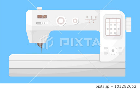 White isolated sewing machine with digital panel control at blue background, flat style sewing tool 103292652