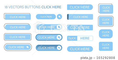 The click here is a set of simple modern buttons. Push button for an application, advertisement, store or website. Various icons for your product 103292808